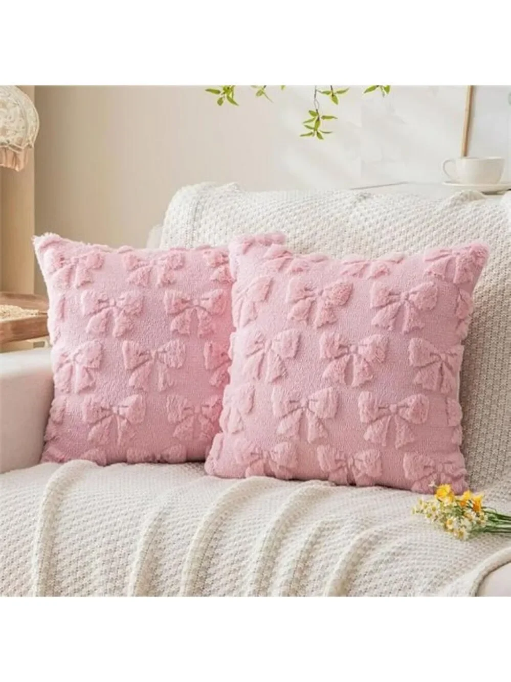 Pink Bow Pillow Covers 18x18 Set of 2 Plush Faux Fur Coquette Christmas Cushion
